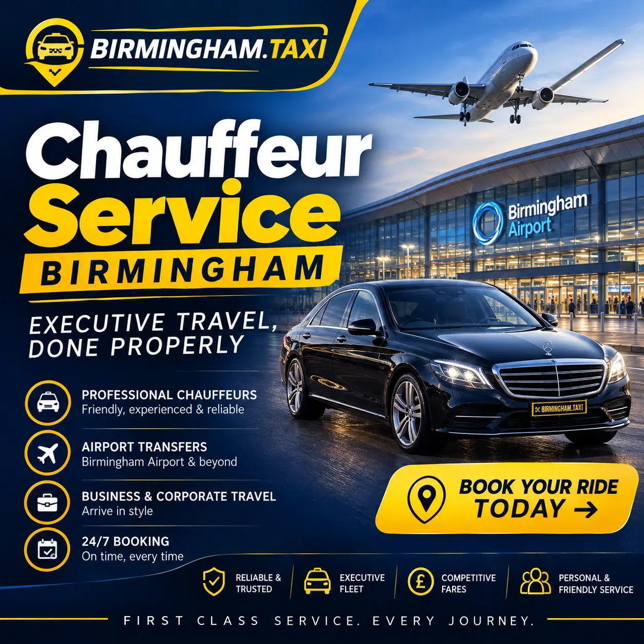 Chauffeur service Birmingham — professional chauffeur beside an executive car at Birmingham Airport